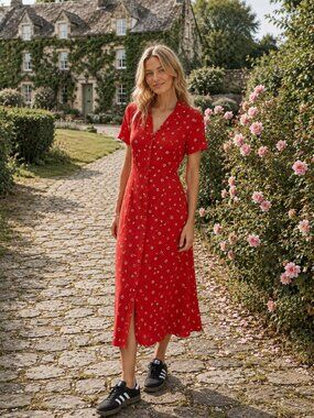 NWT Aritzia Wilfred | Flame Red Floral Midi Shirt Dress | Size S